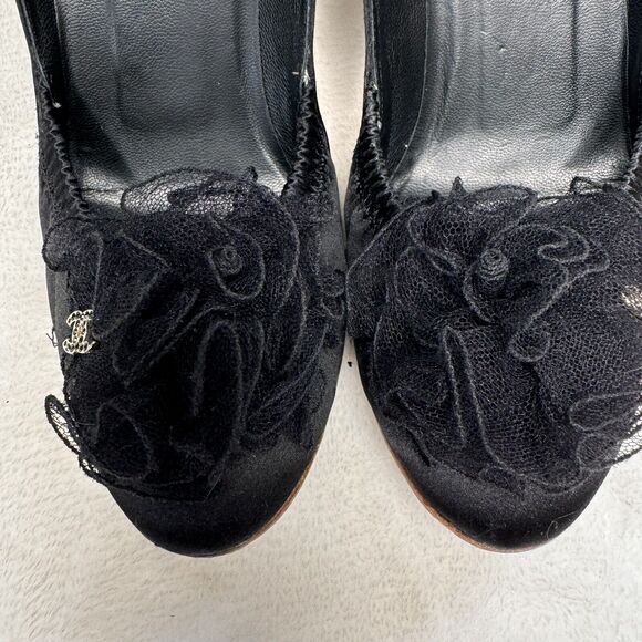 Chanel Shoes Vintage Satin CC Tulle Rosette 80s Cocktail Party Pumps 36 Black - Picture 3 of 13